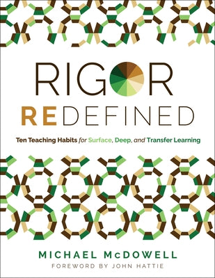 Paperback book titled "Rigor Redefined" by Solution Tree, featuring a colorful cover on surface, deep, and transfer learning strategies.