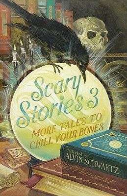 Paperback of Scary Stories 3: More Tales to Chill Your Bones by HarperCollins, featuring a spooky book cover with eerie illustrations.