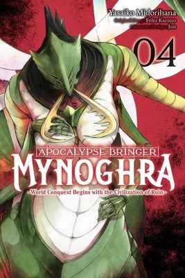 Paperback manga titled Apocalypse Bringer Mynoghra, Vol. 4, showing cover art with dark fantasy illustrations and Yen Press branding.