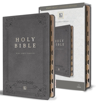 Gray imitation leather KJV Holy Bible with thumb index, ribbon marker, red letter text, giant print, and thinline large format by Origin.