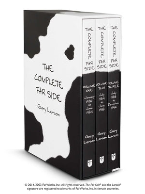 Paperback copy of "The Complete Far Side" comic collection published by Andrews McMeel Publishing, featuring humorous cartoon illustrations.