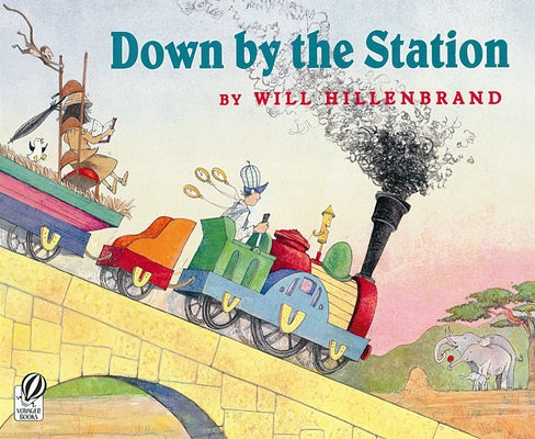 Paperback copy of "Down by the Station" children's book, published by Clarion Books, with colorful illustrated cover.