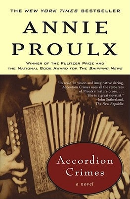 Paperback of Accordion Crimes novel by Scribner Book Company, featuring colorful cover art and title text.