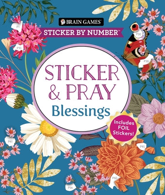 Paperback Brain Games Sticker by Number book featuring Blessings themes with foil sticker sheets and 24 images for creative fun.