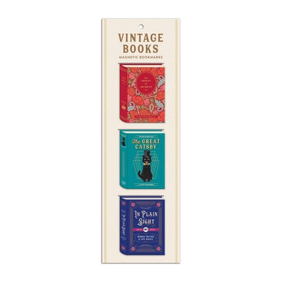 Galison vintage book-shaped magnetic bookmarks featuring classic book designs, perfect for marking pages with style.