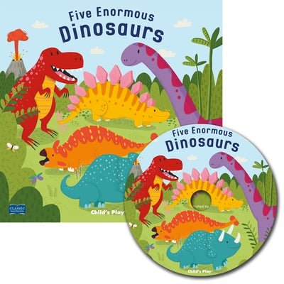Child's Play International Five Enormous Dinosaurs paperback book with accompanying CD, featuring colorful dinosaur illustrations and info.