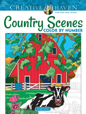 Paperback Creative Haven Country Scenes Color by Number coloring book by Dover Publications featuring rural landscape illustrations.