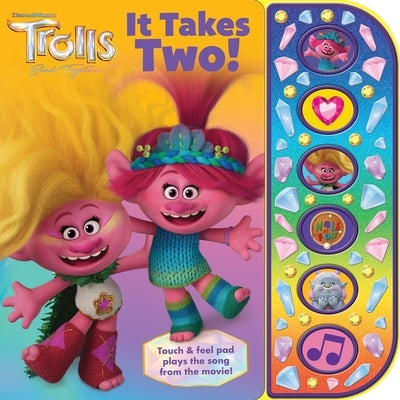 Pi Kids DreamWorks Trolls Band Together It Takes Two sound board book with colorful Trolls characters and battery compartment visible.
