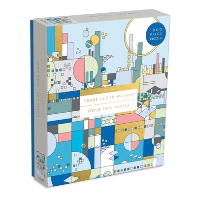 Galison Frank Lloyd Wright City by the Sea 1000-piece foil puzzle showing vibrant coastal cityscape artwork.