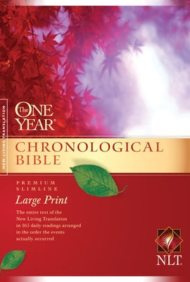 Large print NLT Bible by Tyndale House Publishers, premium slimline design with one-year chronological reading plan.
