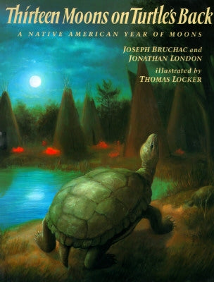 Paperback of Thirteen Moons on Turtle's Back Native American year of moons book by Puffin Books, featuring colorful cover art with moon illustrations.