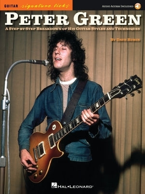 Book cover of Peter Green Signature Licks by Hal Leonard Publishing, featuring images of guitar and musical notes.