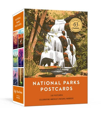Collection of National Parks postcards featuring 100 illustrated images celebrating America's natural wonders by Clarkson Potter Publishers.