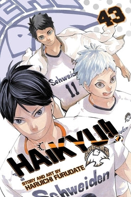 Paperback of Haikyu!!, Vol. 43 manga by Viz Media showing the colorful cover with volleyball players in action.
