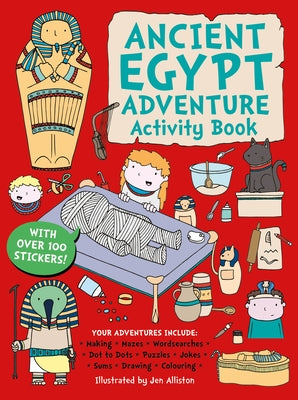 Paperback Ancient Egypt Adventure Activity Book by Button Books showing colorful Egyptian-themed illustrations and activities inside.