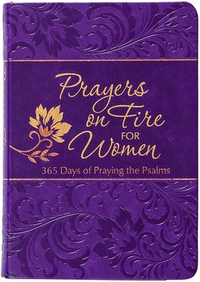 Imitation leather prayer book titled "Prayers on Fire for Women" with gold-embossed cover, featuring 365 daily Psalms prayers.