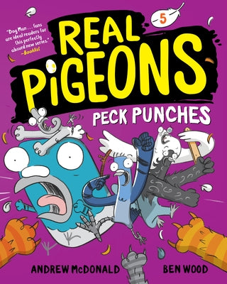 Paperback book titled "Real Pigeons Peck Punches (Book 5)" by Yearling Books, featuring colorful cover art with pigeons.