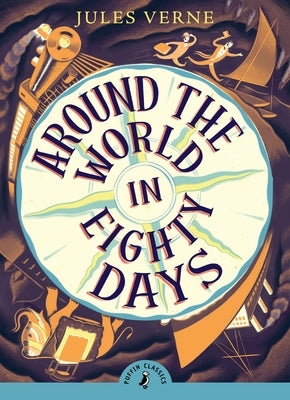 Paperback of Around the World in Eighty Days by Puffin Books, showing the front cover with colorful illustrative design.