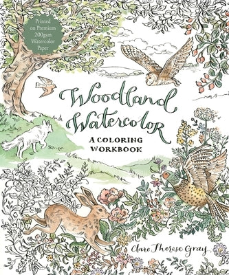 Paperback watercolor coloring workbook titled "Woodland Watercolor" by Page Street Publishing, featuring forest-themed illustrations.