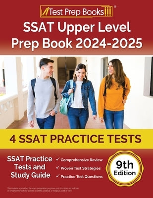 Paperback SSAT Upper Level Prep Book 2025-2026 by Test Prep Books with practice tests and study guide for 9th-grade students.