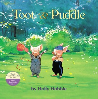 Paperback Toot & Puddle book with postcard from Little, Brown Books for Young Readers, showing colorful cover and attached postcard.