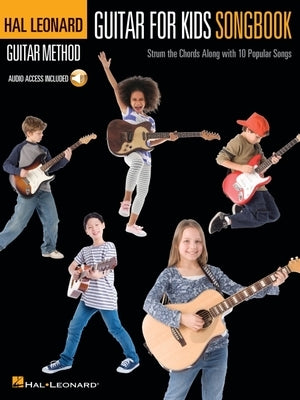 Paperback Hal Leonard Guitar Method Book for Kids with online audio and CD, featuring colorful illustrations and beginner guitar lessons.