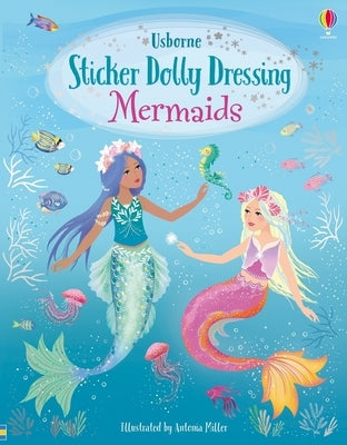 Paperback Sticker Dolly Dressing Mermaids book by Usborne Books with colorful mermaid stickers and dressing-up scenes.