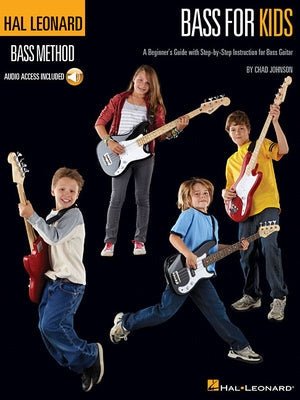Paperback Hal Leonard Kids Bass Method Book with online audio and CD, featuring colorful illustrations and beginner bass lessons.