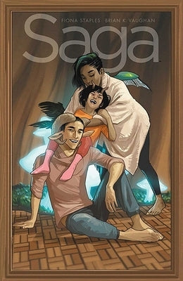 Paperback of Saga Volume 9 comic book by Image Comics featuring vibrant cover art with space-themed characters and dynamic illustrations.