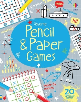 Paperback Pencil and Paper Games book by Usborne Books featuring colorful illustrations and game ideas for kids.