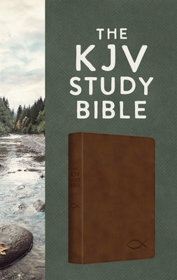 Chesnut brown leather KJV Study Bible by Barbour Publishing with fish emblem on the cover, open to pages showing text and study notes.