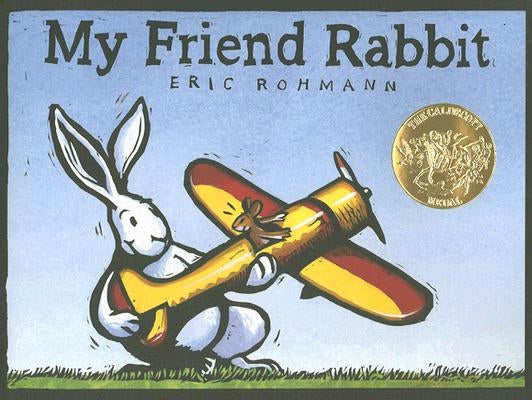 Paperback of "My Friend Rabbit" picture book by Square Fish featuring colorful illustrated cover with a rabbit and a fox.