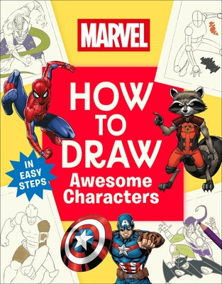 Paperback Marvel How to Draw Awesome Characters book by DK Publishing featuring colorful character sketches and drawing tips inside.