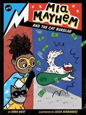 Paperback of MIA Mayhem and the Cat Burglar book by Little Simon featuring colorful cover art with characters and playful illustrations.