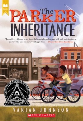 Paperback of The Parker Inheritance by Arthur A. Levine Books, featuring a colorful book cover with illustrations and title text.