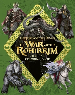Open paperback coloring book featuring Middle-earth scenes from The Lord of the Rings: The War of the Rohirrim, by William Morrow & Company.