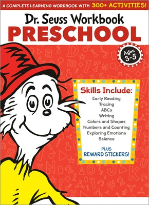 Bright Matter Books Dr. Seuss Preschool Workbook with colorful activities, stickers, alphabet, shapes, numbers, and tracing pages.