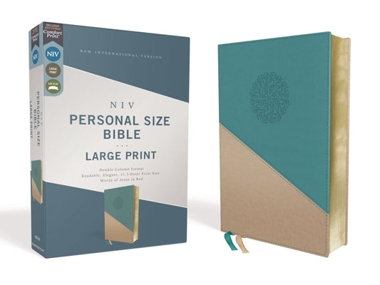 Zondervan Niv Personal Size Bible with large print, teal leather soft cover, gold accents, red letter edition, comfort print design.