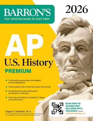 Barrons AP U.S. History Premium paperback prep book with practice tests and review material, ideal for exam preparation.