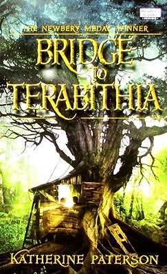 Mass market paperbound of "Bridge to Terabithia" by HarperCollins featuring the book cover with colorful illustrations.