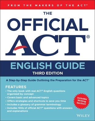 Paperback of The Official ACT English Guide by Wiley, featuring sample test questions and practice exercises for exam prep.