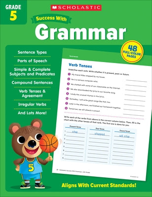 Paperback Scholastic Success with Grammar Grade 5 workbook from Scholastic Teaching Resources, featuring colorful educational pages.