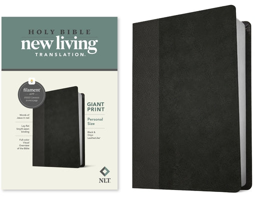 Black leatherlike NLT Personal Size Giant Print Bible with red letter text and filament enabled features, compact and easy to read.