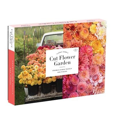 Galison Floret Farm's Cut Flower Garden 500-piece puzzle showing vibrant floral illustrations on a double-sided board game puzzle.