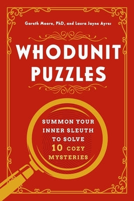 Paperback of "Whodunit Puzzles" by Countryman Press, featuring cozy mystery-themed cover with illustrations of detective tools and clues.