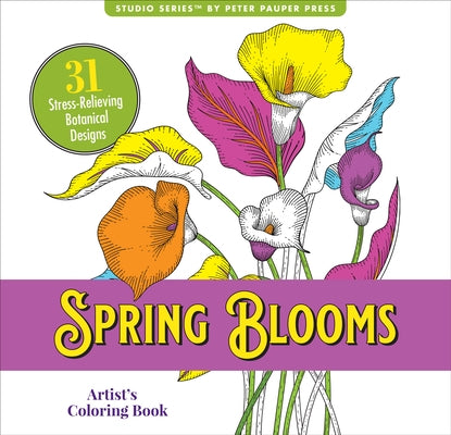Open paperback of Spring Blooms Adult Coloring Book by Peter Pauper Press featuring floral illustrations on a white background.