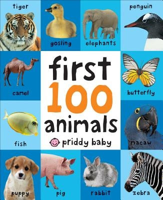 Board book titled "First 100 Animals" by Priddy Books US featuring colorful animal illustrations on the cover.