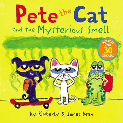 Paperback book titled "Pete the Cat and the Mysterious Smell" by HarperCollins, featuring colorful cover art and over 30 stickers.