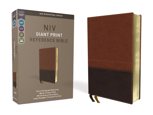 Brown imitation leather NIV Reference Bible with giant print, red letter edition, Zondervan, featuring comfort print design.
