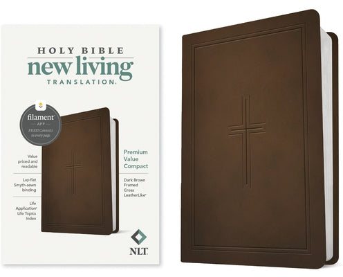 Dark brown leatherlike NLT Premium Compact Bible with framed cross design, featuring filament enabled pages by Tyndale House Publishers.